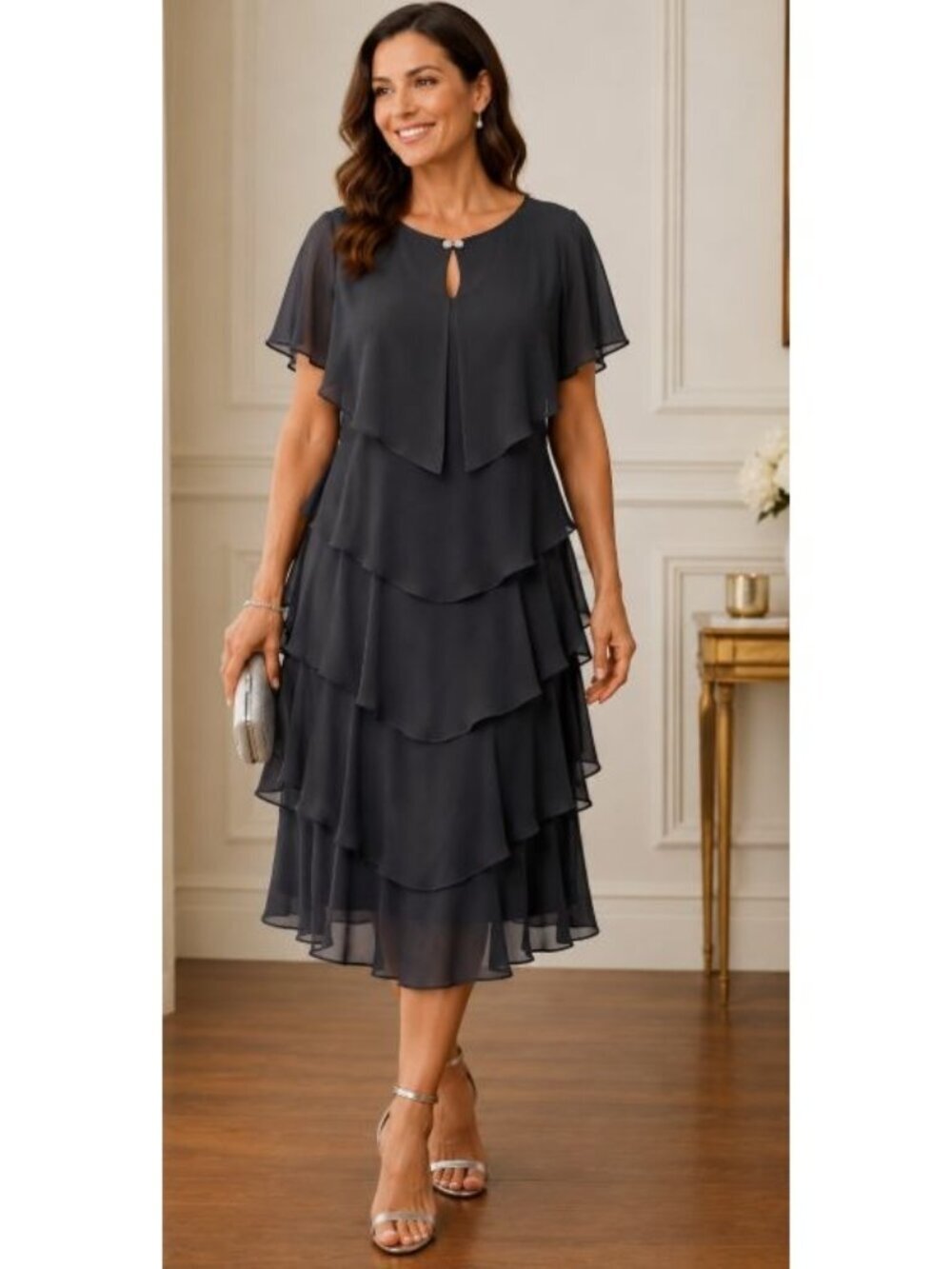Vintage Patra Ruffle Chiffon Dress Size 10 Black Cocktail Party Wedding Midi
